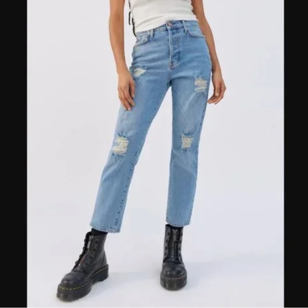 BDG High Rise Slim Straight Skinny Ankle Jean Button Fly Distressed Medium Wash